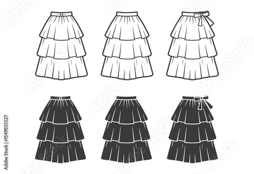 Fashion illustration of tiered skirts with different waistbands and a bow detail