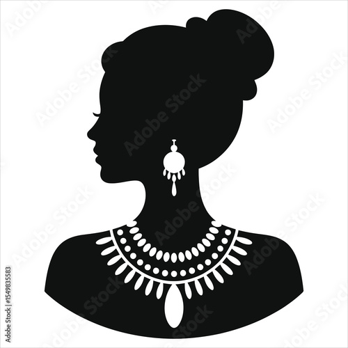 (Bohemian necklace)Elegant Woman Silhouette with Exquisite Jewelry/A sophisticated black silhouette of a woman, viewed from the side, showcasing a stylish updo and a detailed necklace and earrings.