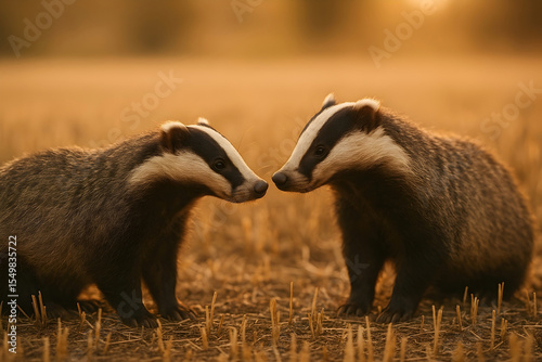 Pair Of Wild Badgers Face Each Other Lovingly In Peaceful Dry Field During Beautiful Golden Sunset