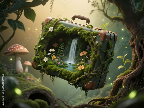 A vintage suitcase transformed into a vibrant miniature ecosystem with a waterfall, lush moss, colorful flowers, and whimsical mushrooms, symbolizing fantasy and magic.
