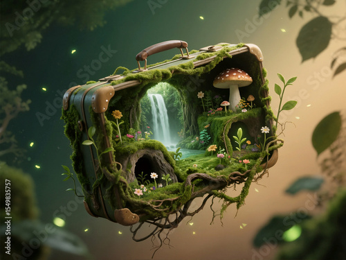 A vintage suitcase transformed into a vibrant miniature ecosystem with a waterfall, lush moss, colorful flowers, and whimsical mushrooms, symbolizing fantasy and magic.
