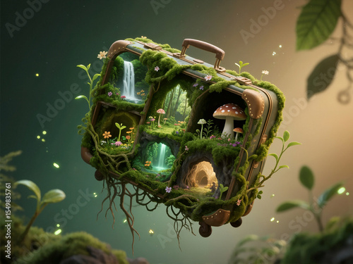 A vintage suitcase transformed into a vibrant miniature ecosystem with a waterfall, lush moss, colorful flowers, and whimsical mushrooms, symbolizing fantasy and magic.
