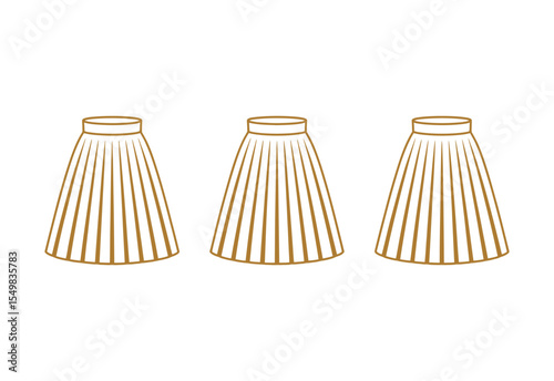 Three stylized gold pleated skirts arranged in a row on a white background