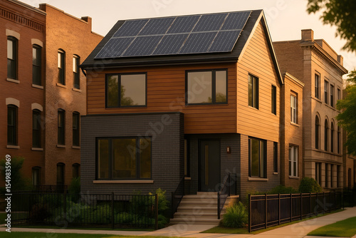 Modern Chicago Home With Solar Panels On Rooftop And Stylish Brick Wood Exterior During Sunset