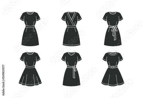 Collection of six black silhouette dresses with short sleeves and various waist details