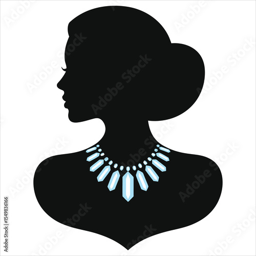 (Crystal necklace)Elegant Silhouette of a Woman with a Luxurious Diamond Necklace/A sophisticated black and white silhouette of a woman, highlighting a stunning diamond necklace.