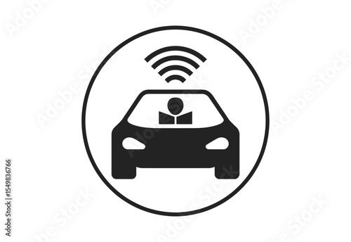 Icon of a self driving car with a person inside and wireless signal waves