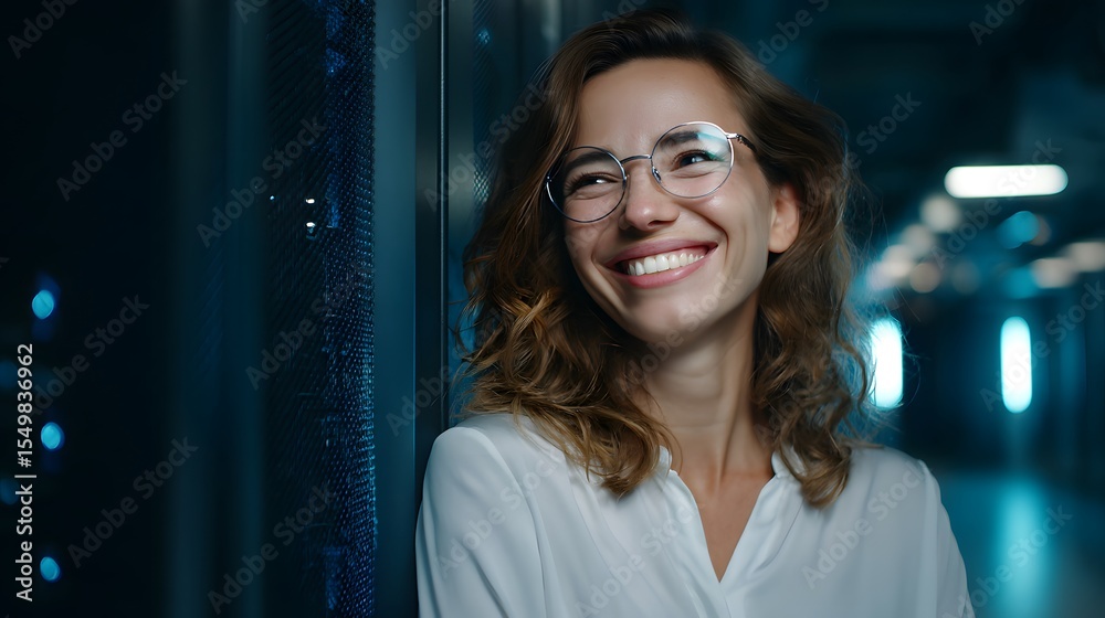 Fototapeta premium a female tech founder smiling beside a server rack