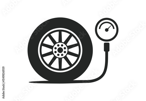 Black and white icon of a car tire connected to a pressure gauge