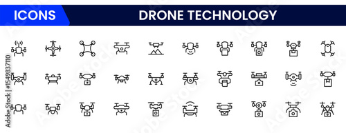 Cutting-edge vector web line icons depicting drone technology, UAVs, flight, surveillance, and innovative aerial solutions for modern applications.