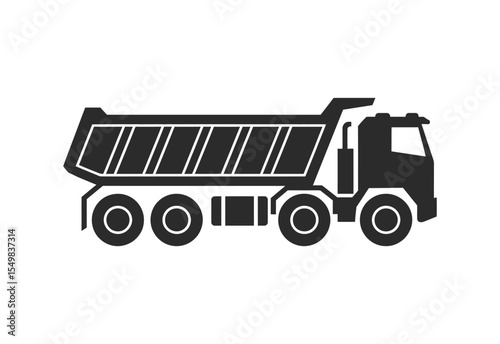Black silhouette of a dump truck with a large bed and multiple wheels