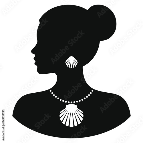 ( Shell necklace)Elegant Woman Silhouette with Seashell Jewelry/A stylish profile silhouette of a woman wearing elegant seashell earrings and a necklace.