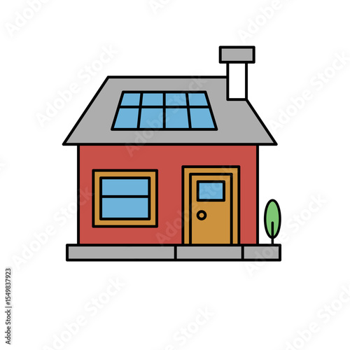 A charming red house with a gray roof, featuring solar panels, a brown door, and a single window, with a small green bush beside it.