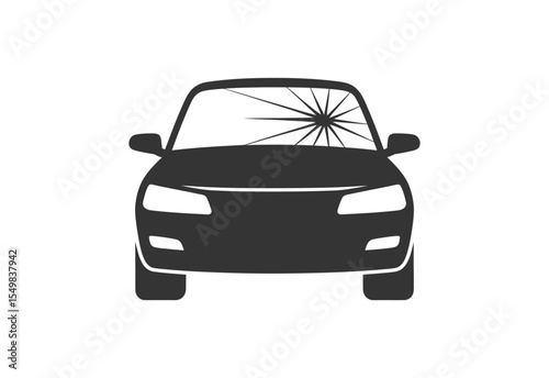 Front view silhouette of a car with a cracked windshield on a white background