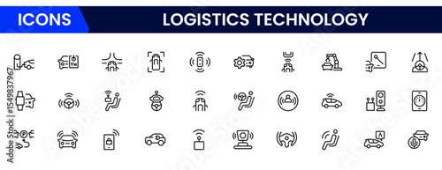 Efficient vector web line icons depicting logistics technology, tracking, automation, supply chain, and digital solutions for streamlined global operations.