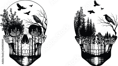 Skull Silhouette with Forest, Raven and Birds Dark Illustration