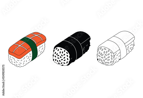 Three isometric sushi rolls one colored salmon nigiri one black maki and one outline maki