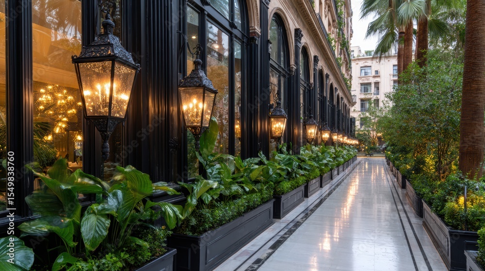 Fototapeta premium A beautifully designed corridor adorned with elegant lanterns and lush greenery, perfect for showcasing luxury architecture, outdoor spaces, or hospitality environments