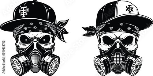 Skull with Baseball Cap, Bandana, and Gas Mask Illustration