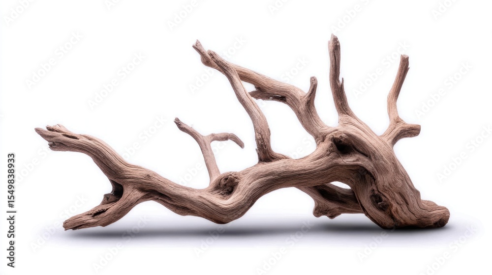 Fototapeta premium A beautifully textured driftwood piece with intricate, twisting branches ideal for nature-themed decor or art projects, serving as a striking centerpiece or accent in various creative designs,