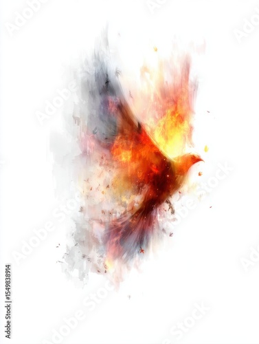A vibrant and dynamic depiction of a bird in flames, symbolizing transformation and resilience, This image is ideal for themes of empowerment, rebirth