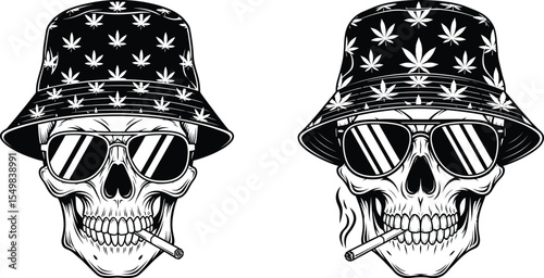 Skull with Sunglasses and Bucket Hat Smoking Cigarette Illustration Set