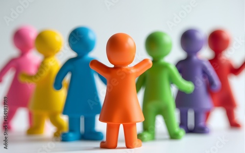 Colorful figurines represent diversity, equity, inclusion. Vibrant figures symbolize community, teamwork, respect in conceptual DEI setting. Figures highlight social themes like equality, fairness,