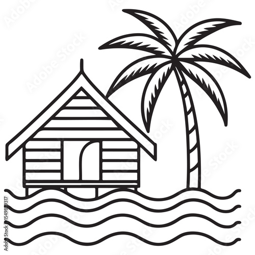 Simple Tropical Hut and Palm Tree Line Art

