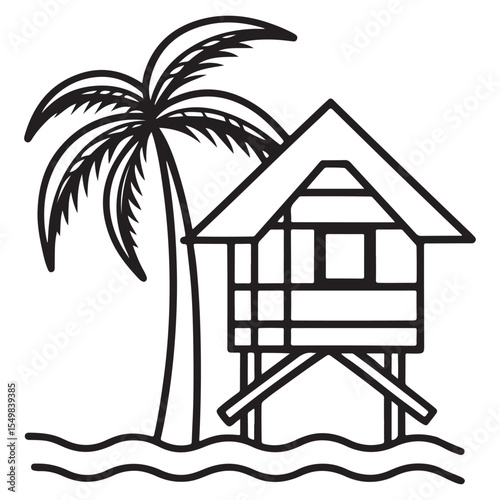 Simple Tropical Hut and Palm Tree Line Art

