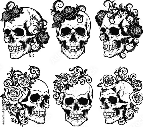 Skulls Adorned with Floral Designs, Art for Halloween, Tattoo Inspiration, and Gothic Themes