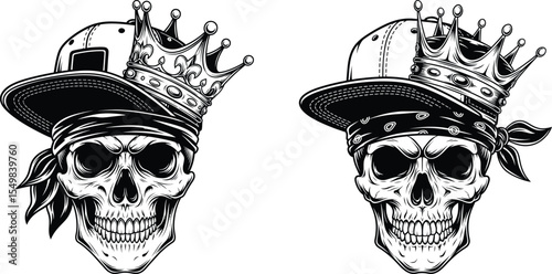 Skulls Wearing Crowns, Baseball Caps, and Bandanas Illustration Design Collection