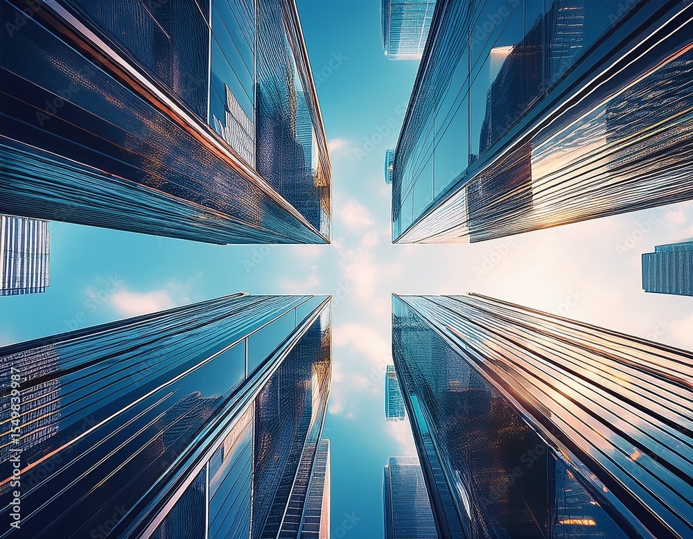Obraz premium reflective skyscraper business office buildings bottom up view of big modern city urban landscape generative ai technology