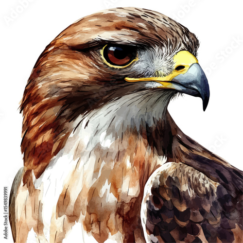 Buzzard Close Up, watercolor painting vector, isolated on a white background.