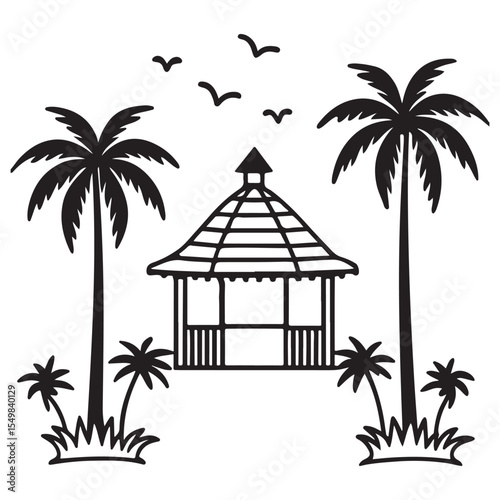 Simple Tropical Hut and Palm Tree Line Art

