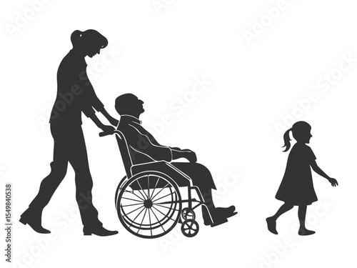 Husband in wheelchair with wife and his little daughter, front view portrait vector silhouettes