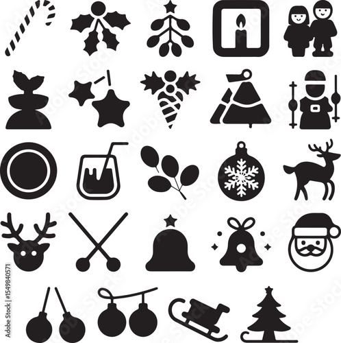 Collection of Black Christmas Icons Silhouettes Candy Cane Holly Mistletoe Candle Children Couple Stars Festive Decorations