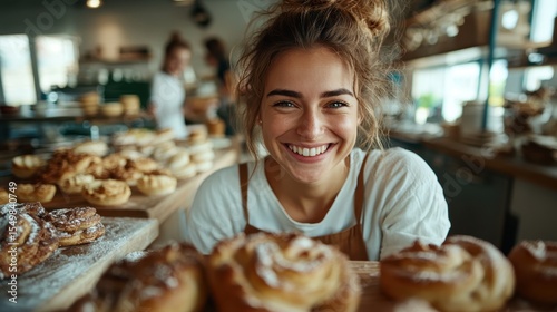 A cheerful young woman stands in a bakery, surrounded by a variety of fresh, enticing pastries, radiating warmth and joy with her bright smile and welcoming demeanor.