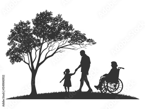 Husband in wheelchair with wife and his little daughter, front view portrait vector silhouettes