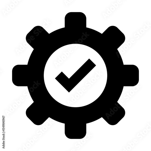 Minimalist flat icon representing easy installation or quick settings, featuring gear and check mark symbol. Vector illustration in EPS 10 format, ideal for app interfaces, web design
