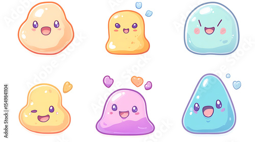 Vector icon pack of cartoon pastels with emotions such as cheerful, curious, and neutral 