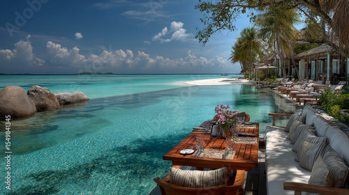A scenic Maldives beach cafe sits beside a pool, creating the perfect nature escape