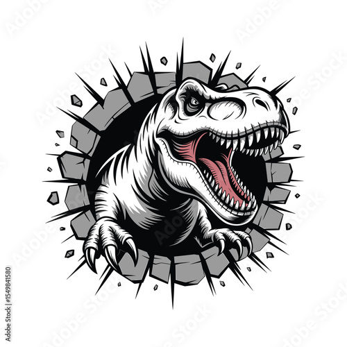 Angry T-Rex Dinosaur Breaking Through Wall Vector Illustration