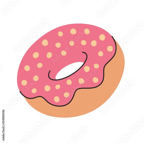 Cartoon flat donut with pink glaze and puffed rice.