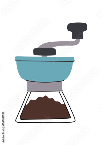 Cartoon hand coffee grinder for grinding beans. Manual coffee mill.