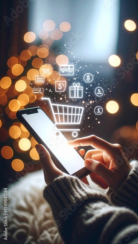 Mobile Shopping During Holidays With Digital Icons And Lights