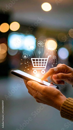 Online Shopping With Glowing Cart On Smartphone