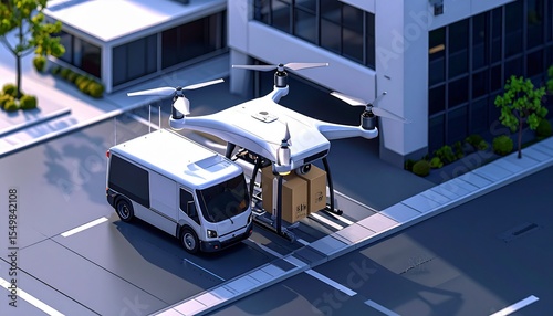 Drone Delivering Packages From Delivery Van