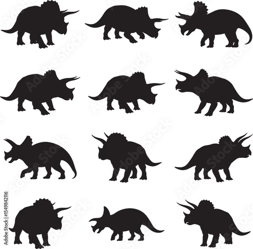 Collection of triceratops dinosaur silhouettes in various poses