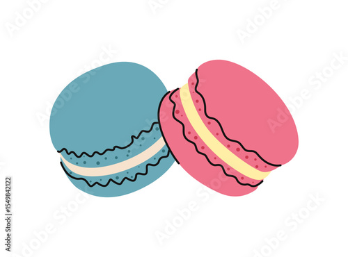 Two cartoon macaroons, blue and pink. Vector flat illustration..