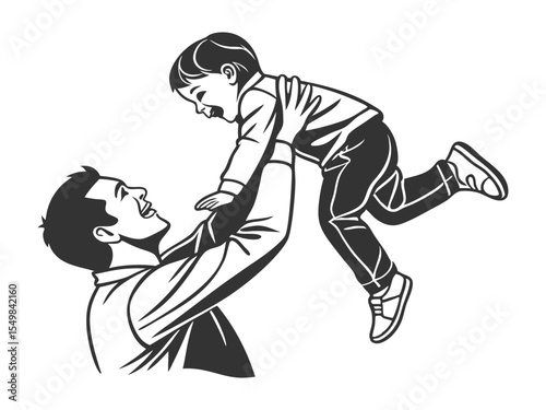 Happy man lifting little boy vector silhouette. Family mom and dad walking and playing together with kids silhouettes set collection.